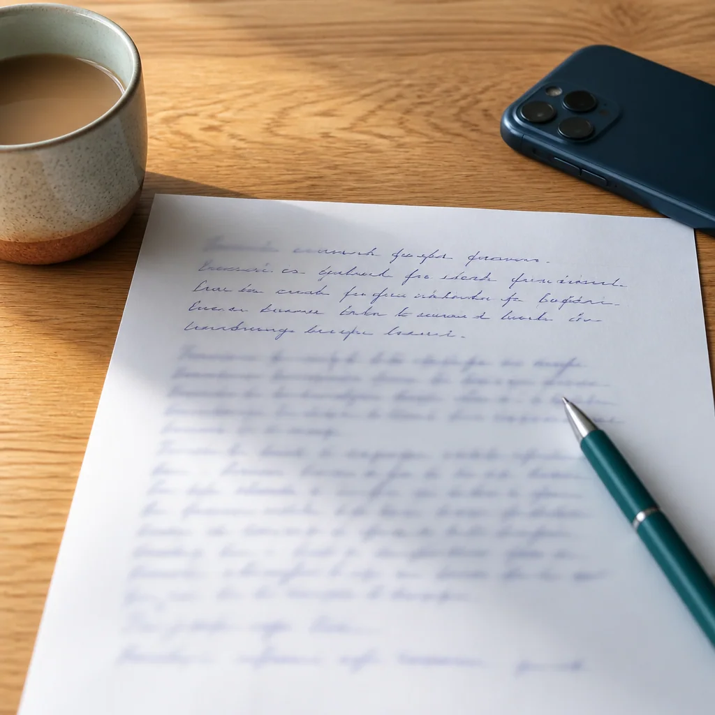 A handwritten OET referral letter on a desk beside a phone and a cup of tea