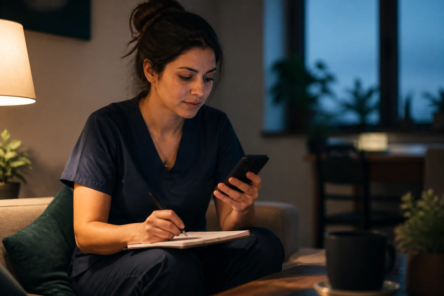 A nurse in scrubs studying on her phone at home in the evening, making notes on a pad