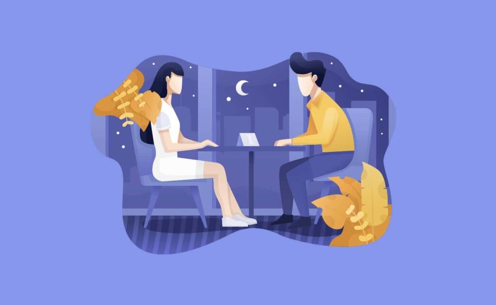 Illustration of couple dining under night sky.