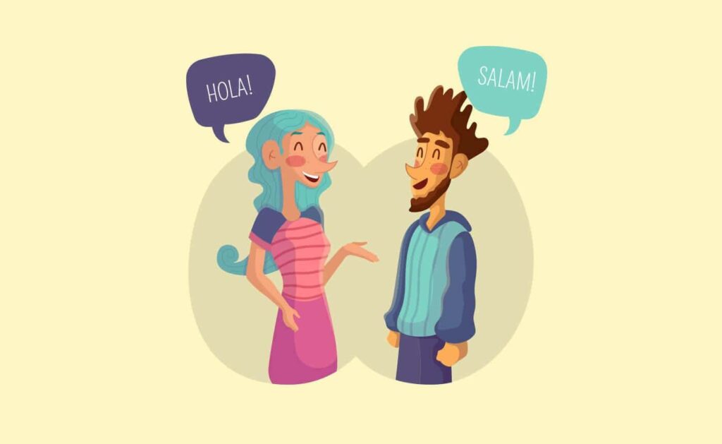Cartoon characters greeting in different languages.