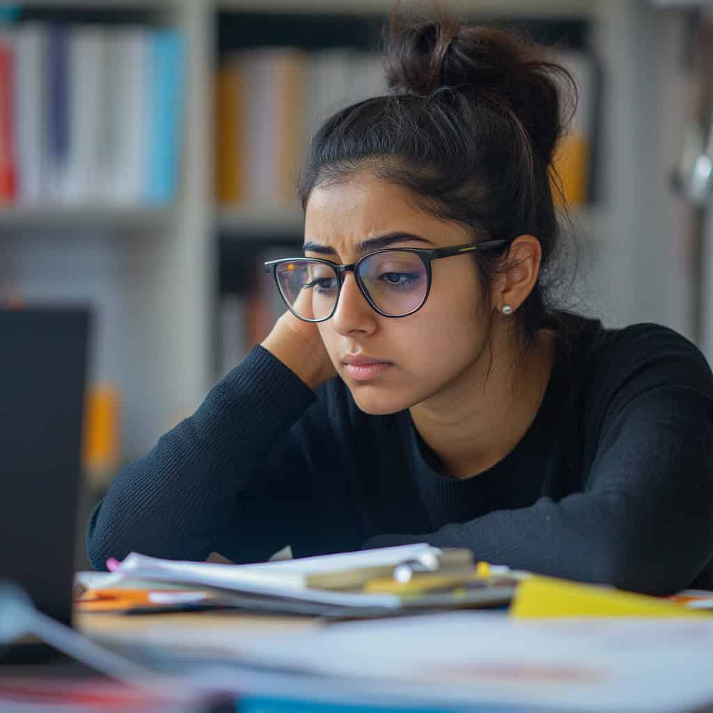 Woman studying at desk with laptop and papers.