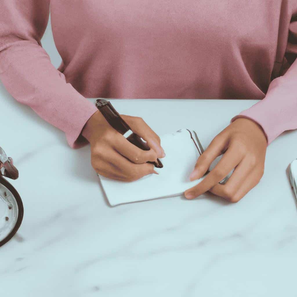 Person writing in notebook on marble desk.