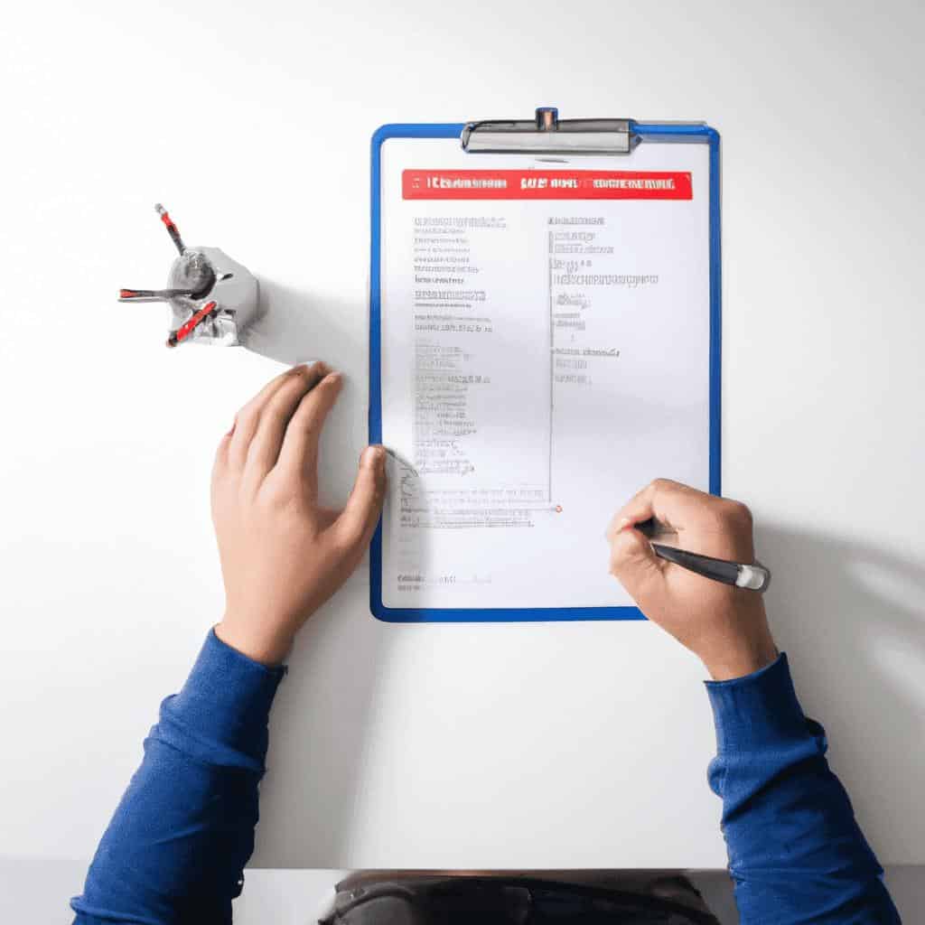 Person writing on clipboard with pencil holder nearby.
