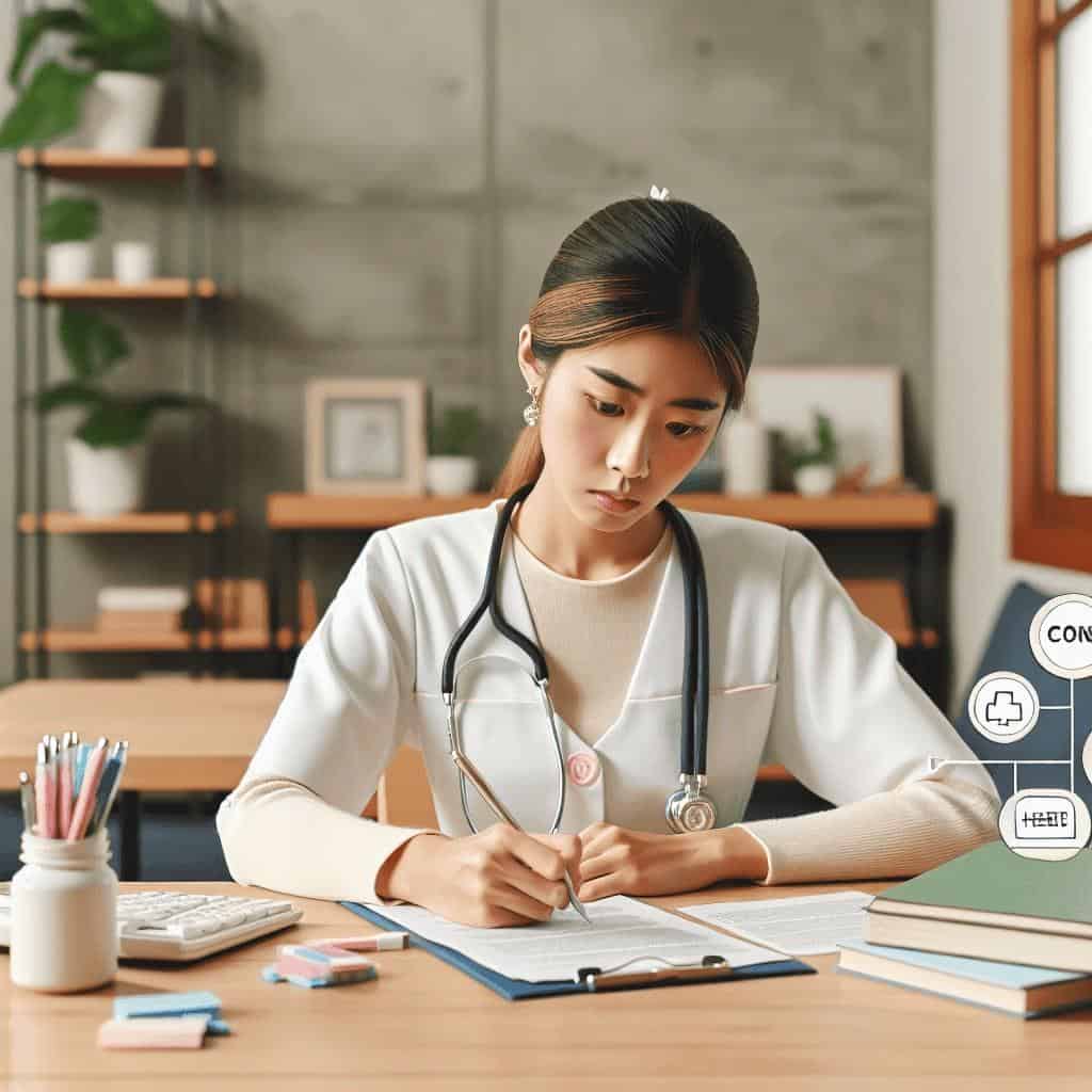 Doctor writing notes in an office.