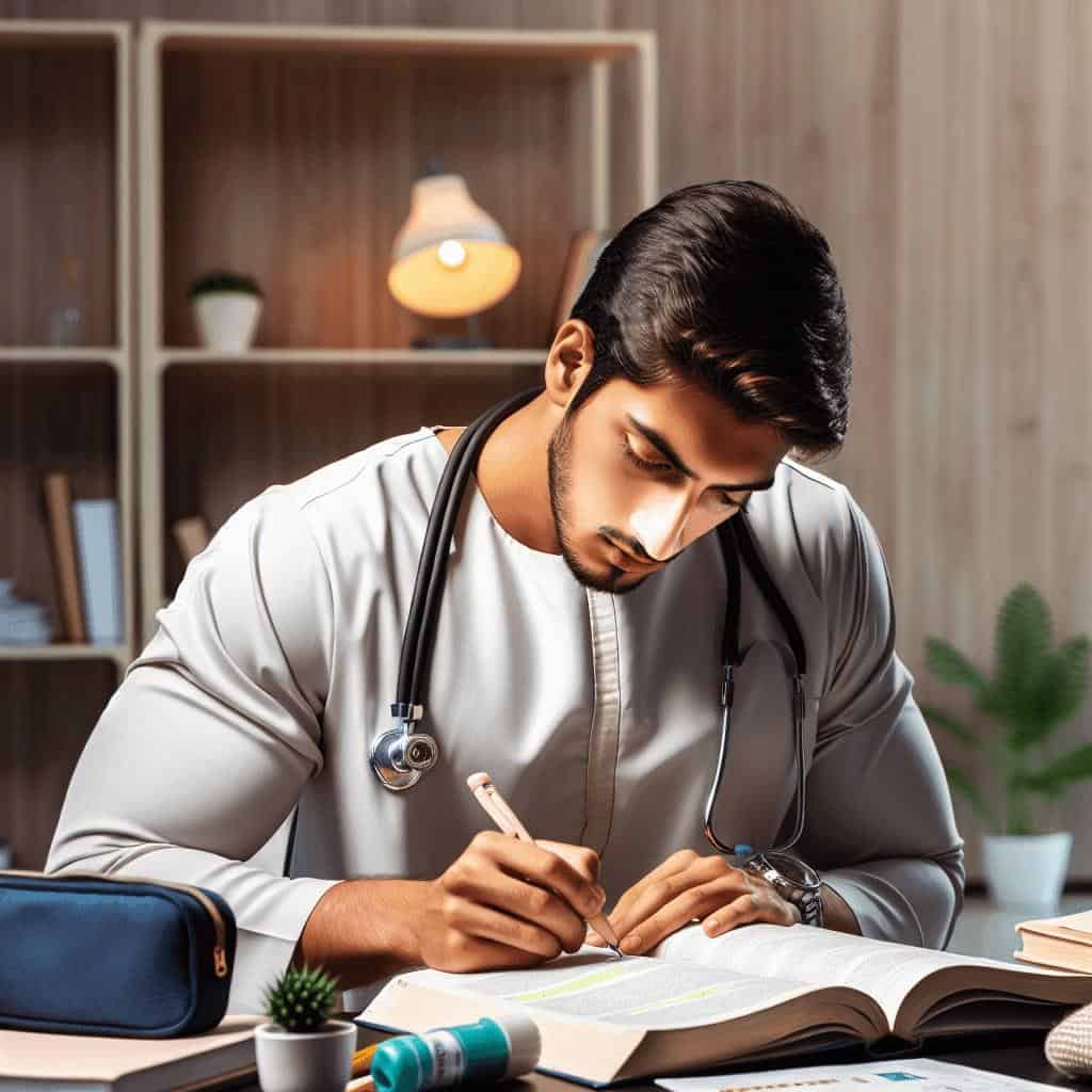Medical student studies at desk with books.