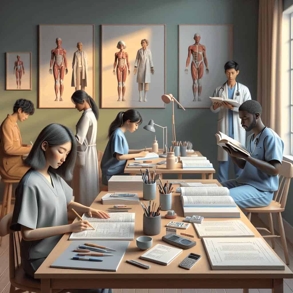 Medical students studying anatomy in classroom.