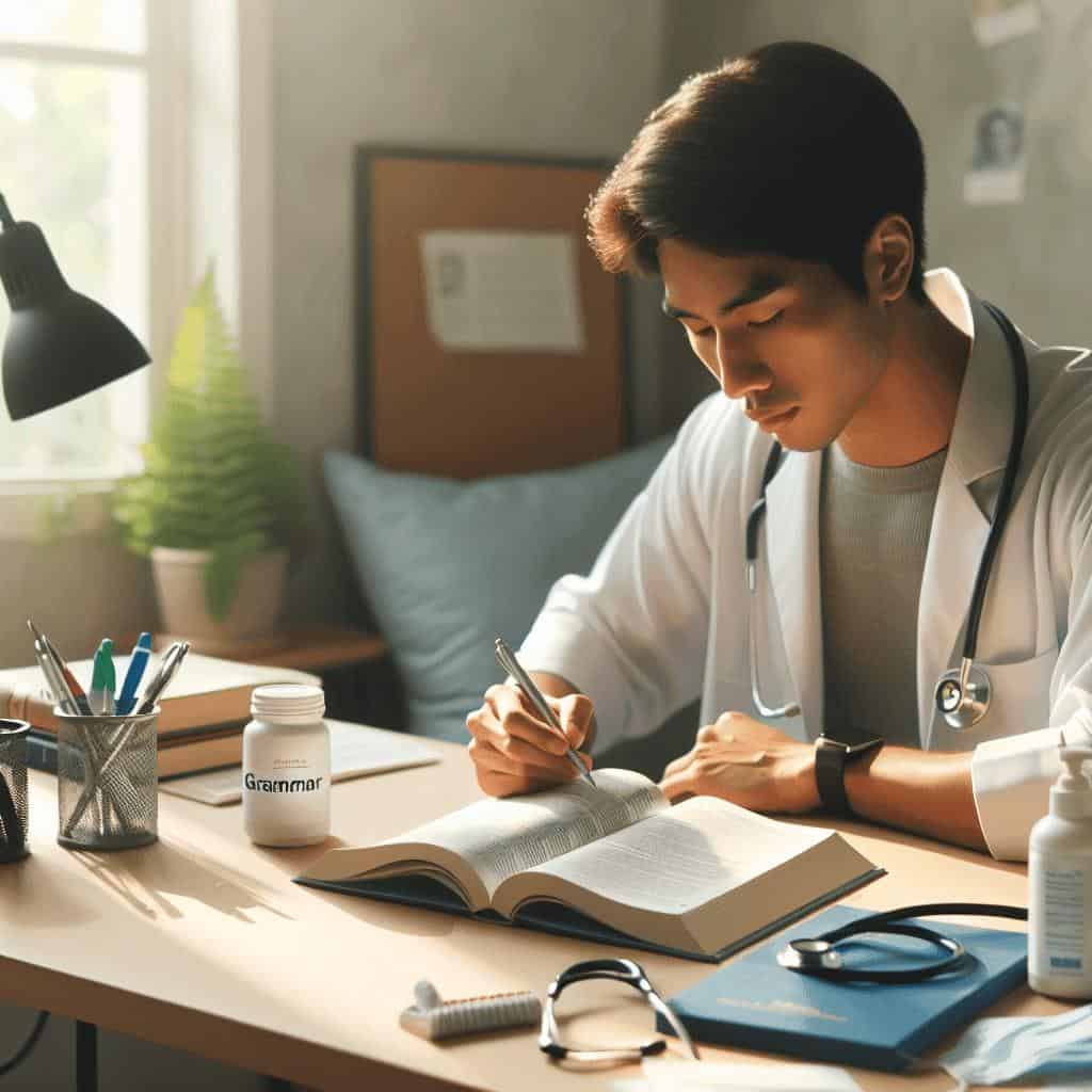 Medical student studying at desk with books.