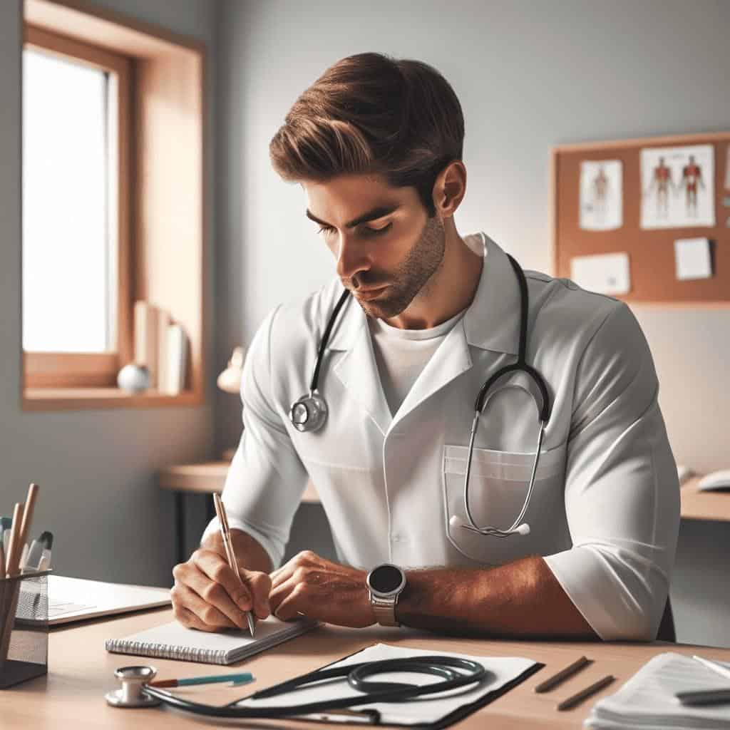 Doctor writing notes in office.