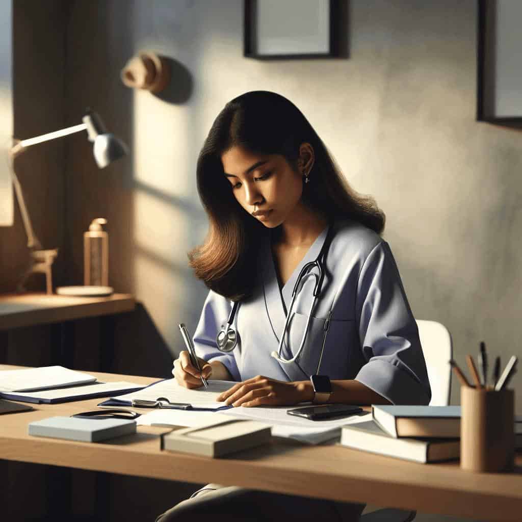 Doctor in traditional attire writing at desk