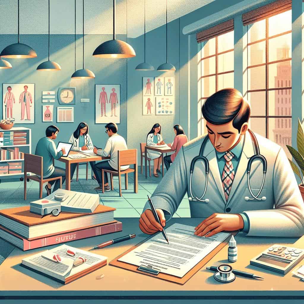 Doctors discussing medical research in a conference room.