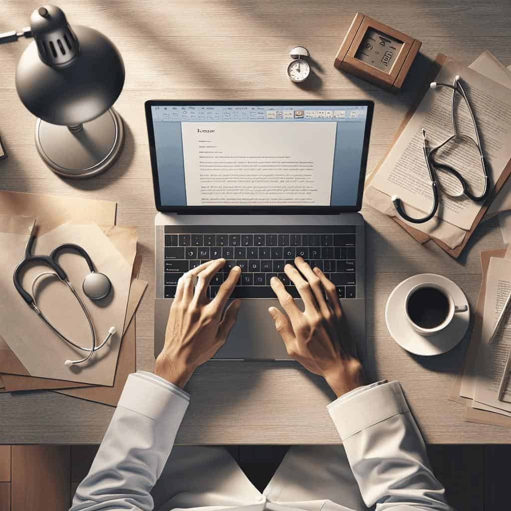 Doctor typing on laptop at desk with stethoscope.