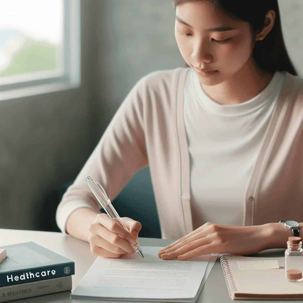 Woman writing, healthcare books on table.