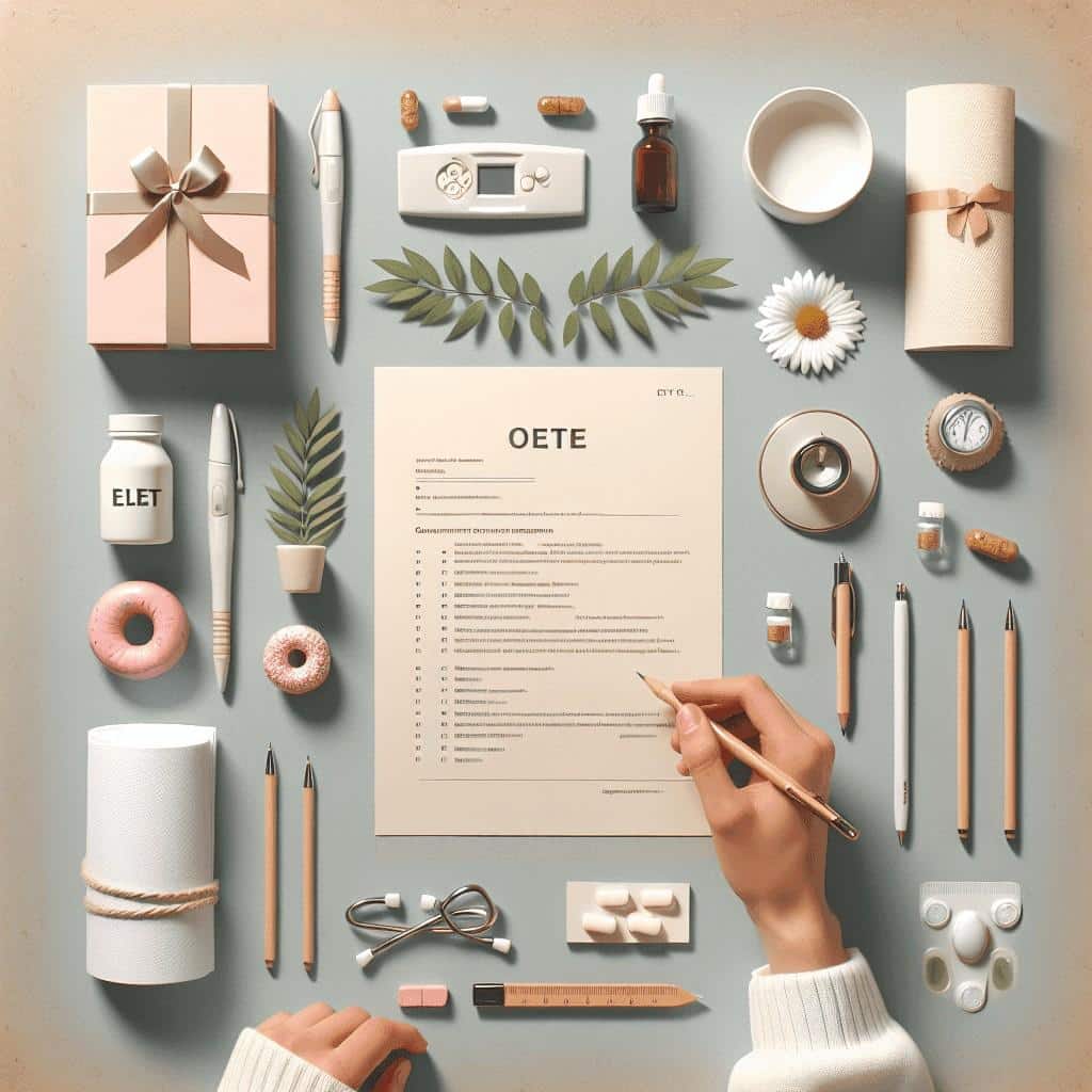 Person writing between organized objects and tools